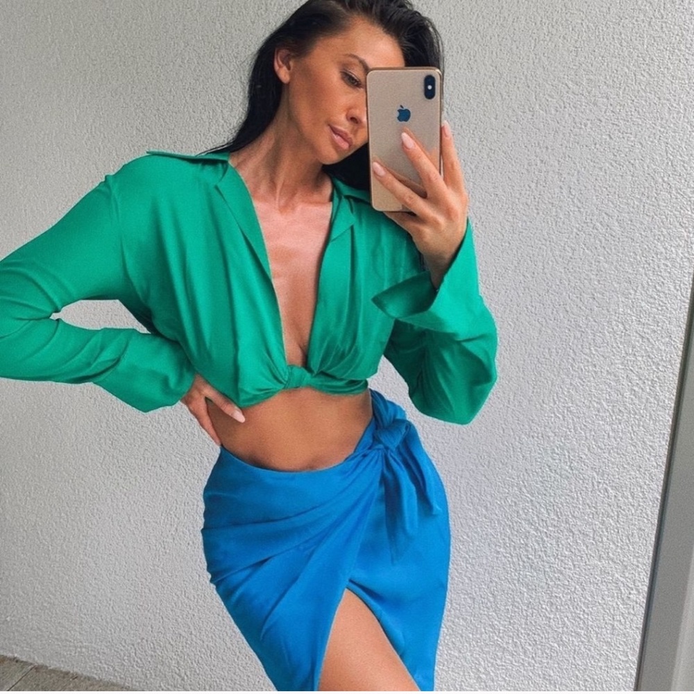 NWT ZARA Knotted Crop Top Green S Blogger’s Fav - Picture 2 of 13